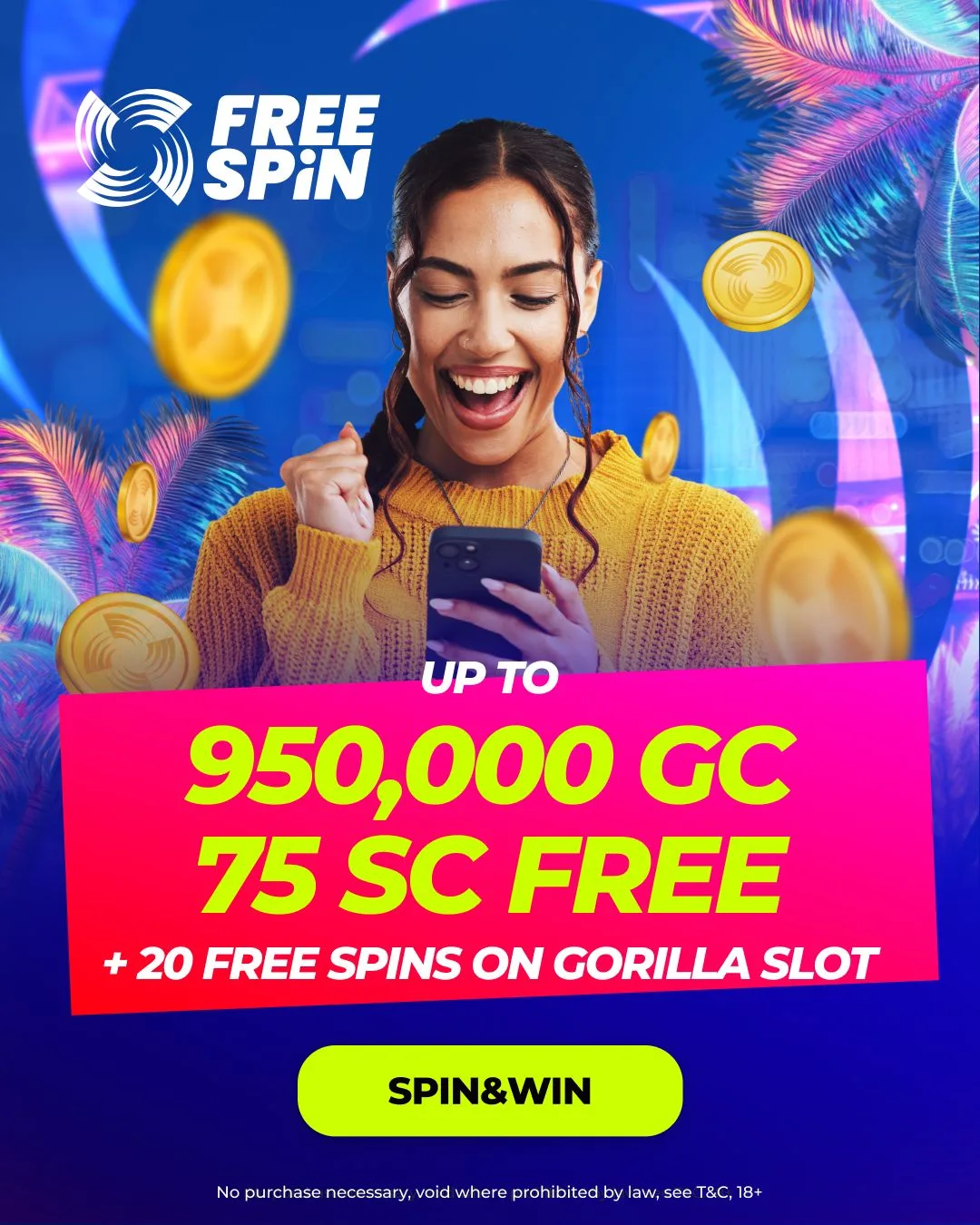 Free Spin Casino Florida promo banner — 950,000 GC and 75 SC free welcome offer