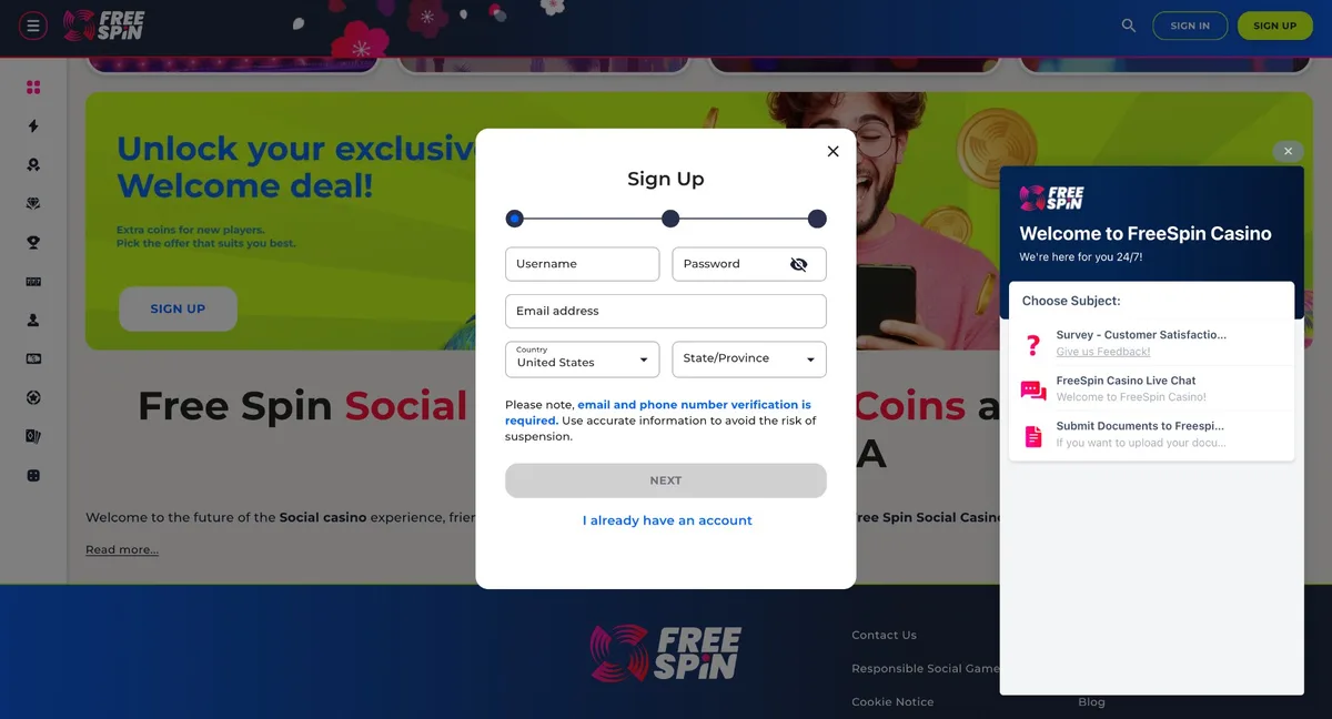 Free Spin Casino registration showing state selection — Florida players select their state during sign-up