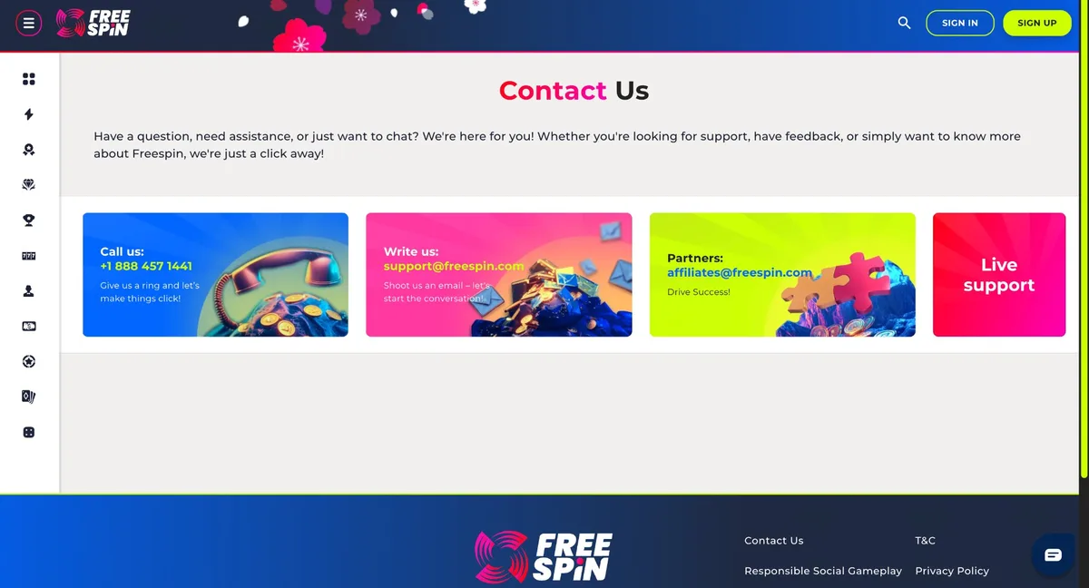 Free Spin Casino support channels available to Florida players